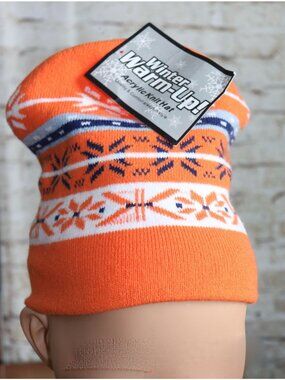 Winter Warm-Up Kids Acrylic Knit Hat Orange Snowflake Pattern